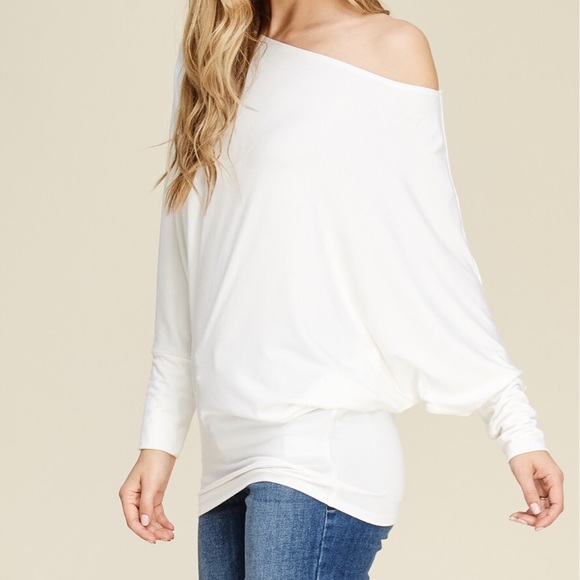 Slouchy Off Shoulder Dolman Top - Off White - Picture 4 of 6